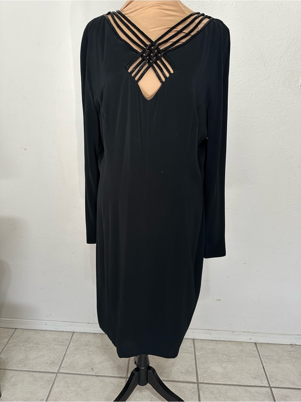 Black Long-Sleeve Dress with Strappy V-Neck Detail